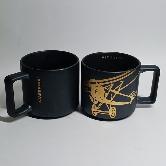 Starbucks Viennese Air Plane Coffee Mug Ceramic Black/Gold 14oz 2016 - Picture 2 of 9